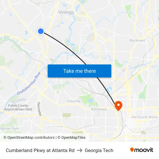 Cumberland Pkwy at Atlanta Rd to Georgia Tech map