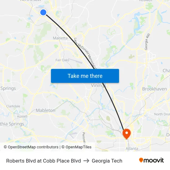 Roberts Blvd at Cobb Place Blvd to Georgia Tech map
