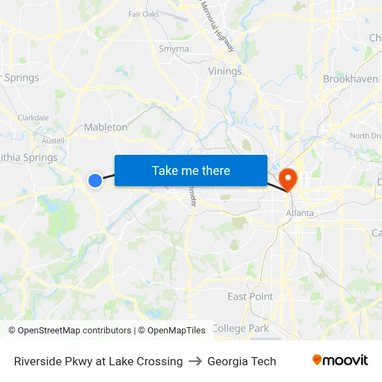 Riverside Pkwy at Lake Crossing to Georgia Tech map