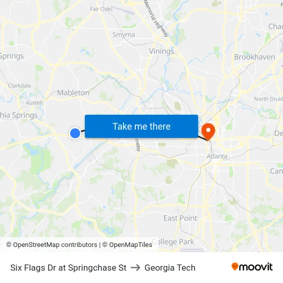 Six Flags Dr at Springchase St to Georgia Tech map