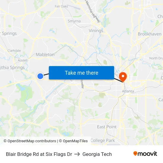 Blair Bridge Rd at Six Flags Dr to Georgia Tech map