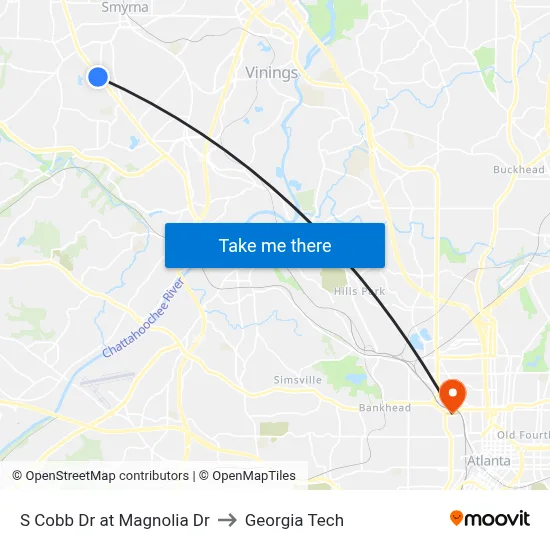 S Cobb Dr at Magnolia Dr to Georgia Tech map
