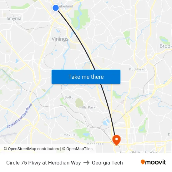 Circle 75 Pkwy at Herodian Way to Georgia Tech map