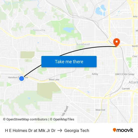 H E Holmes Dr at Mlk Jr Dr to Georgia Tech map