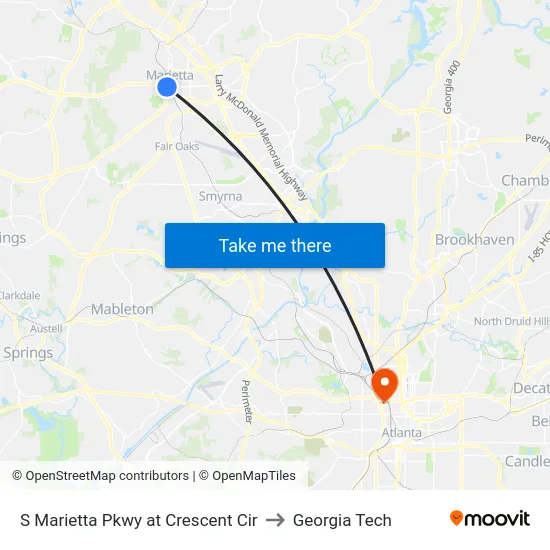 S Marietta Pkwy at Crescent Cir to Georgia Tech map