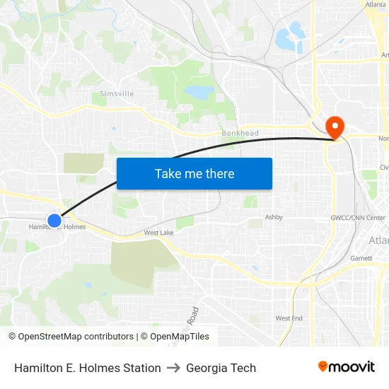 Hamilton E. Holmes Station to Georgia Tech map