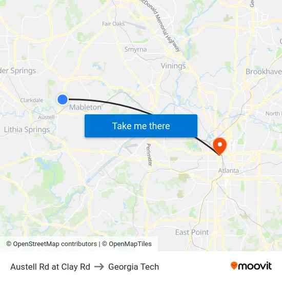 Austell Rd at Clay Rd to Georgia Tech map