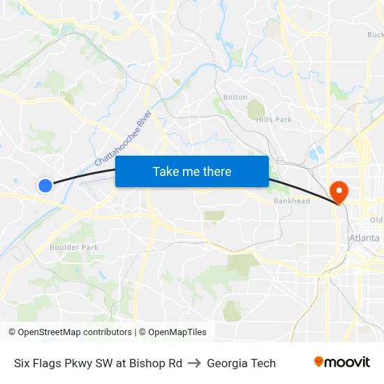 Six Flags Pkwy SW at Bishop Rd to Georgia Tech map
