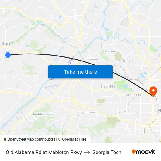 Old Alabama Rd at Mableton Pkwy to Georgia Tech map