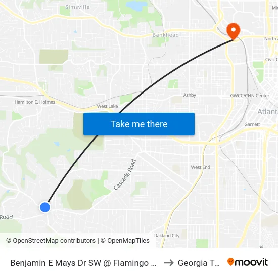 Benjamin E Mays Dr SW @ Flamingo Dr NW to Georgia Tech map
