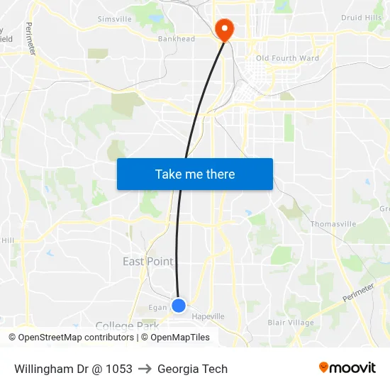 Willingham Dr @ 1053 to Georgia Tech map