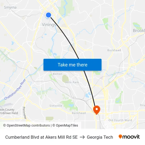 Cumberland Blvd at Akers Mill Rd SE to Georgia Tech map