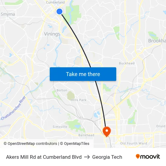 Akers Mill Rd at Cumberland Blvd to Georgia Tech map
