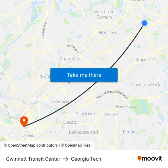 Gwinnett Transit Center to Georgia Tech map
