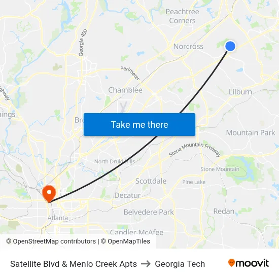 Satellite Blvd & Menlo Creek Apts to Georgia Tech map