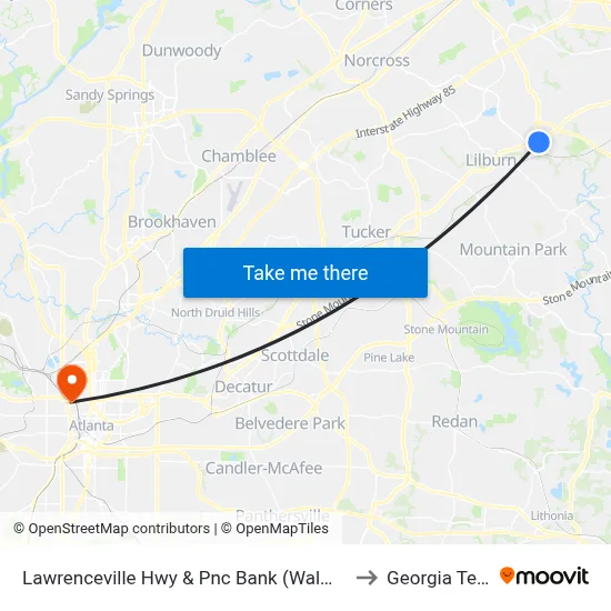 Lawrenceville Hwy & Pnc Bank (Walmart) to Georgia Tech map