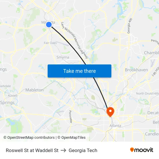 Roswell St at Waddell St to Georgia Tech map