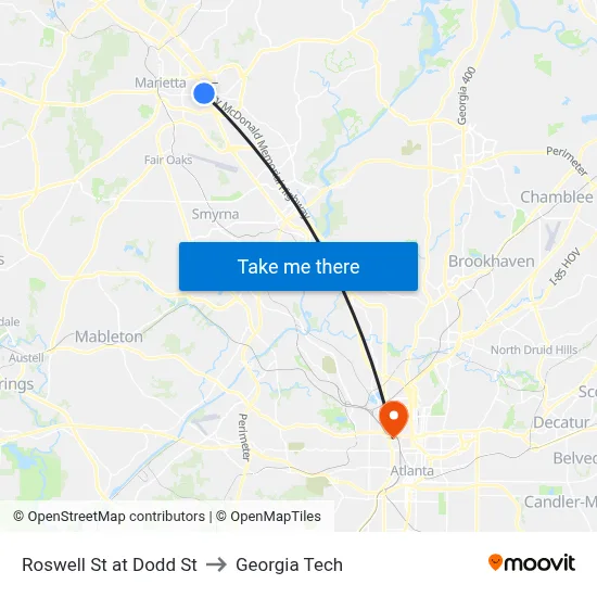 Roswell St at Dodd St to Georgia Tech map