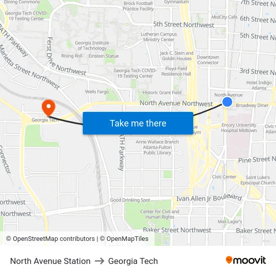 North Avenue Station to Georgia Tech map