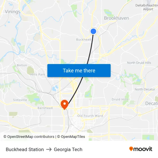 Buckhead Station to Georgia Tech map