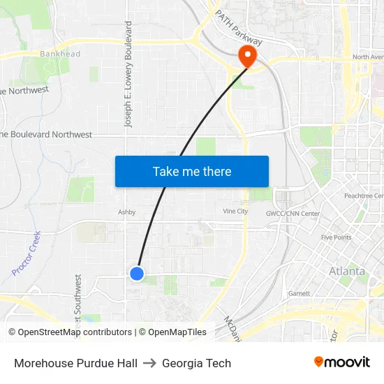 Morehouse Purdue Hall to Georgia Tech map