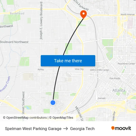 Spelman West Parking Garage to Georgia Tech map