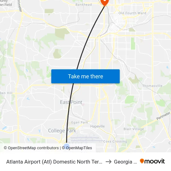 Atlanta Airport (Atl) Domestic North Terminal Dropoffs to Georgia Tech map
