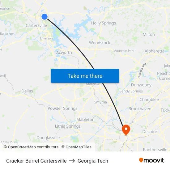 Cracker Barrel Cartersville to Georgia Tech map