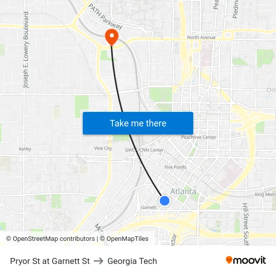 Pryor St at Garnett St to Georgia Tech map