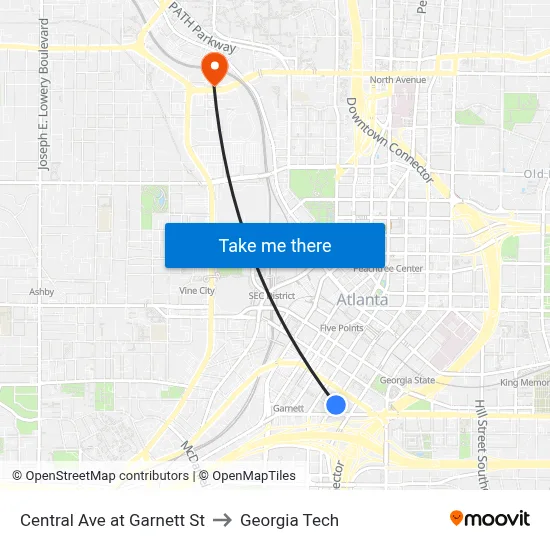 Central Ave at Garnett St to Georgia Tech map