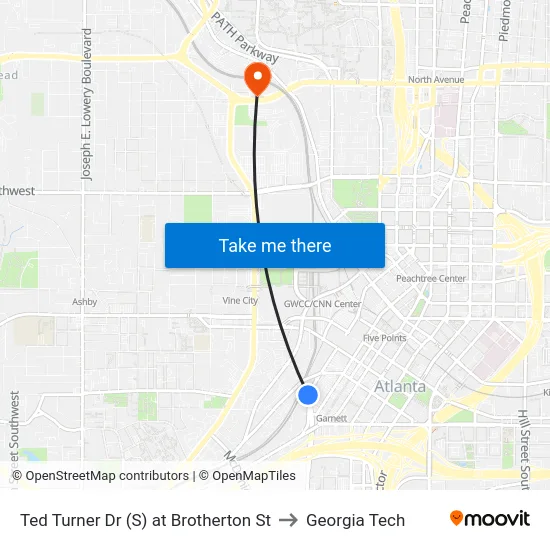 Ted Turner Dr (S) at Brotherton St to Georgia Tech map