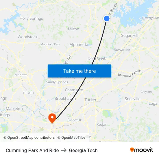 Cumming Park And Ride to Georgia Tech map