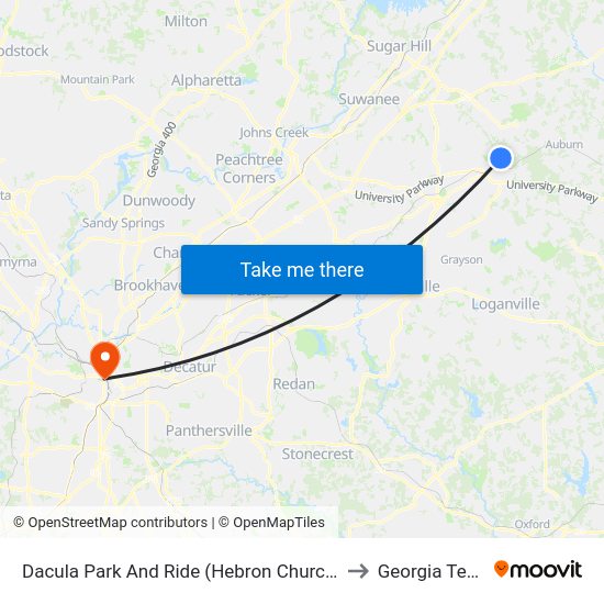 Dacula Park And Ride (Hebron Church) to Georgia Tech map