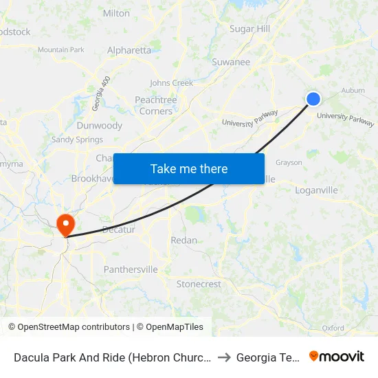 Dacula Park And Ride (Hebron Church) to Georgia Tech map