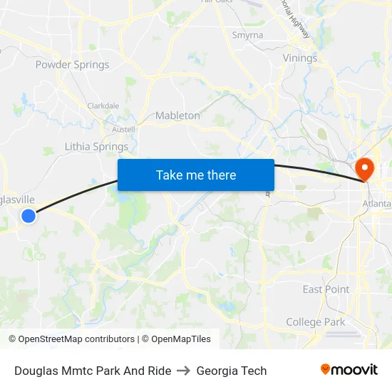Douglas Mmtc Park And Ride to Georgia Tech map