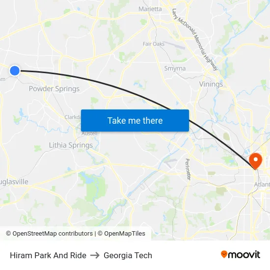 Hiram Park And Ride to Georgia Tech map