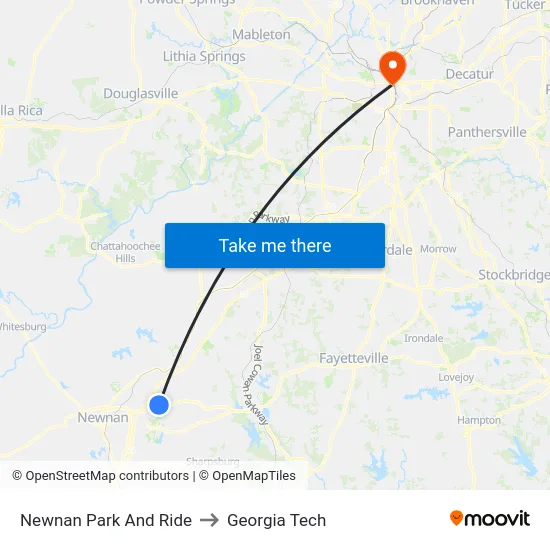 Newnan Park And Ride to Georgia Tech map
