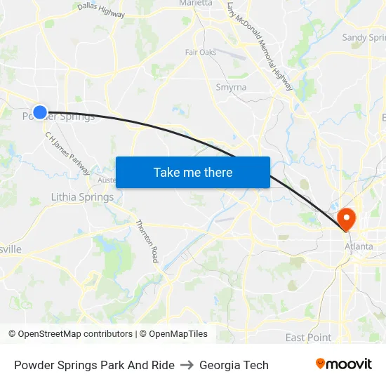 Powder Springs Park And Ride to Georgia Tech map