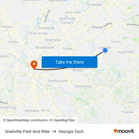 Snellville Park And Ride to Georgia Tech map