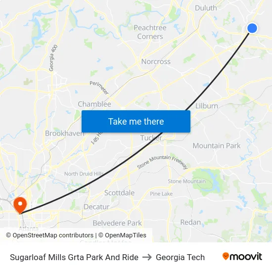 Sugarloaf Mills Grta Park And Ride to Georgia Tech map