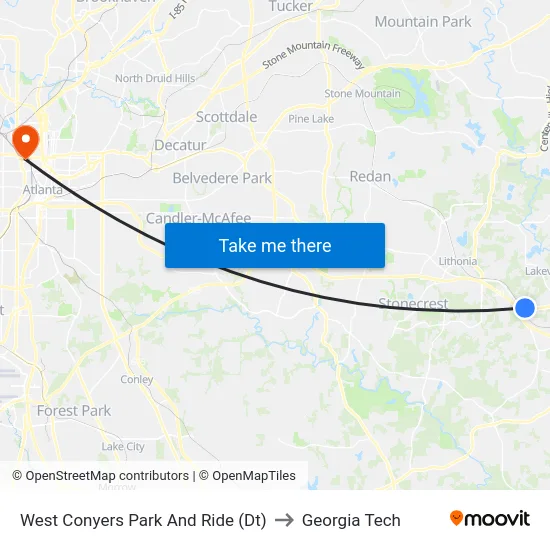West Conyers Park And Ride (Dt) to Georgia Tech map