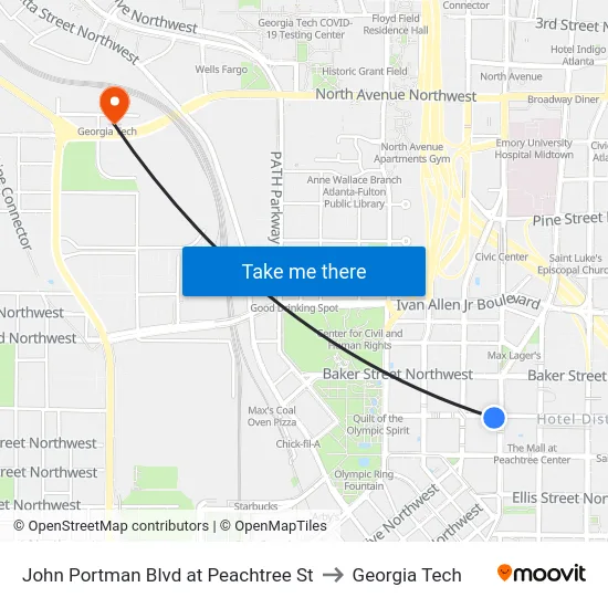 John Portman Blvd at Peachtree St to Georgia Tech map