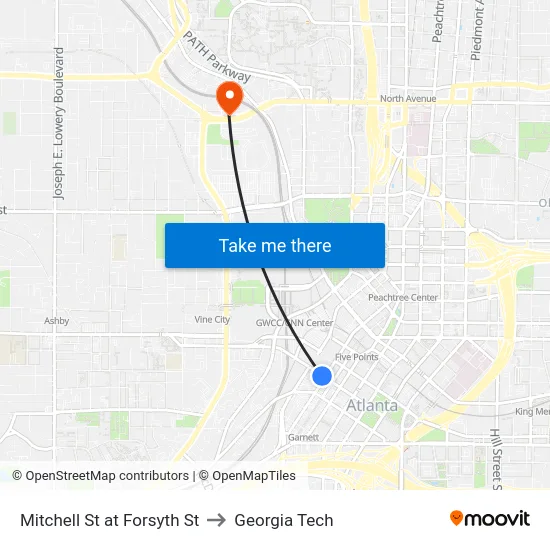 Mitchell St at Forsyth St to Georgia Tech map