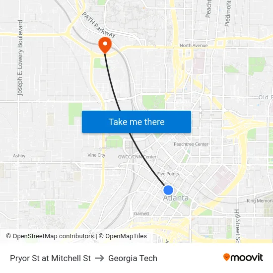 Pryor St at Mitchell St to Georgia Tech map