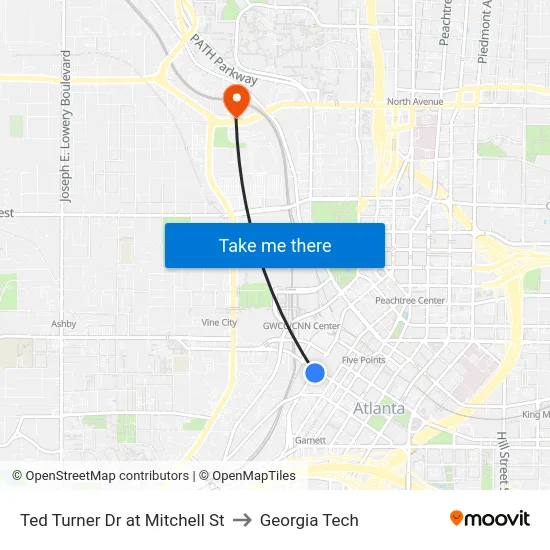 Ted Turner Dr at Mitchell St to Georgia Tech map