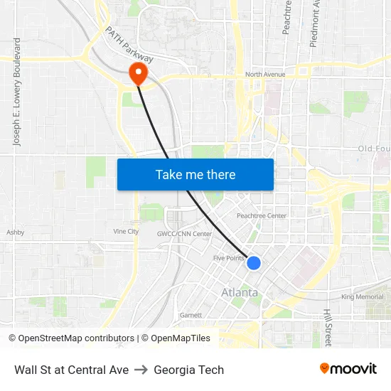 Wall St at Central Ave to Georgia Tech map