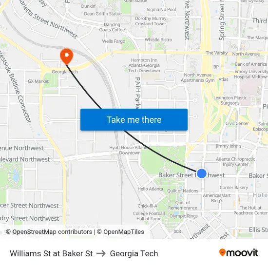 Williams St at Baker St to Georgia Tech map