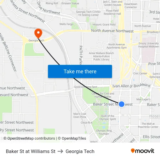 Baker St at Williams St to Georgia Tech map