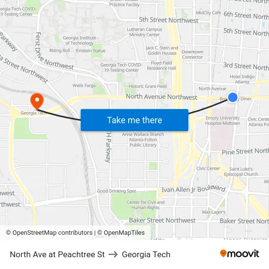 North Ave at Peachtree St to Georgia Tech map