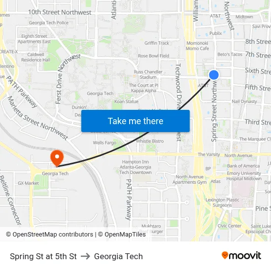 Spring St at 5th St to Georgia Tech map